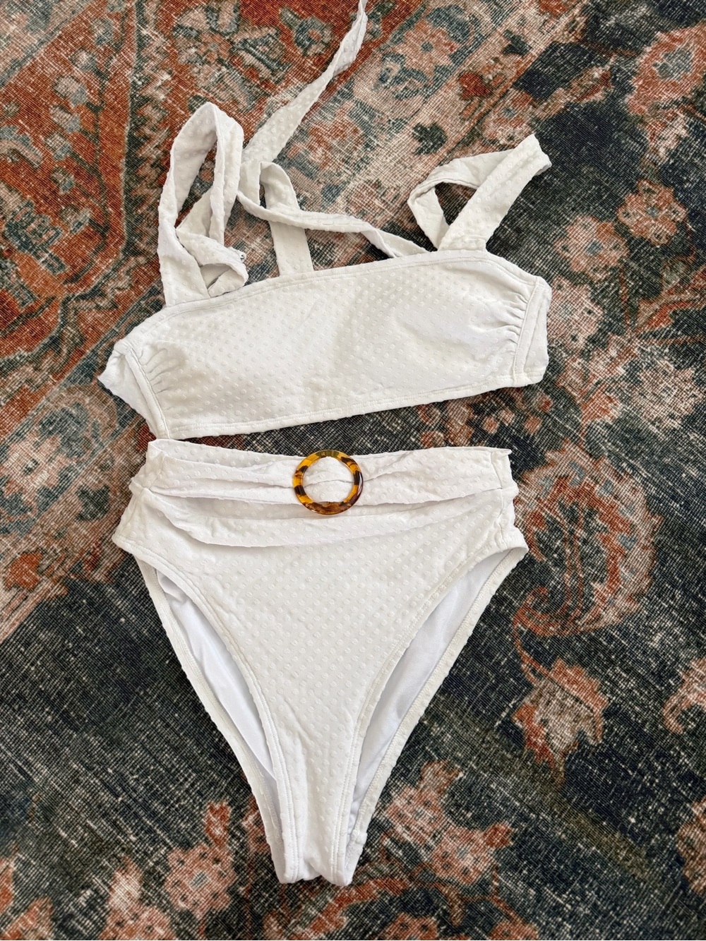Xhilaration White Textured Bikini Set with Tortoiseshell Ring Accent